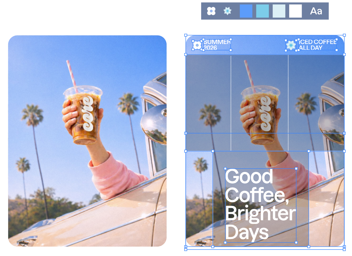 A coffee photo alongside an editable design outlined by blue selection boxes, with its brand kit above